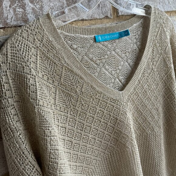 Tori Richard Long Sleeve V-Neck Gold Gletter Open Knit Sweater Women's Size S. - Picture 5 of 8